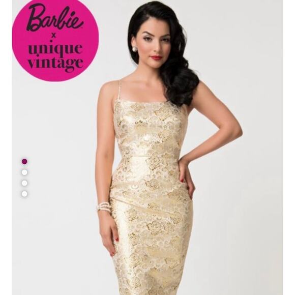 Unique Vintage Barbie Gold Brocade Pin Up Wiggle Dress XS NWOT - Picture 2 of 6